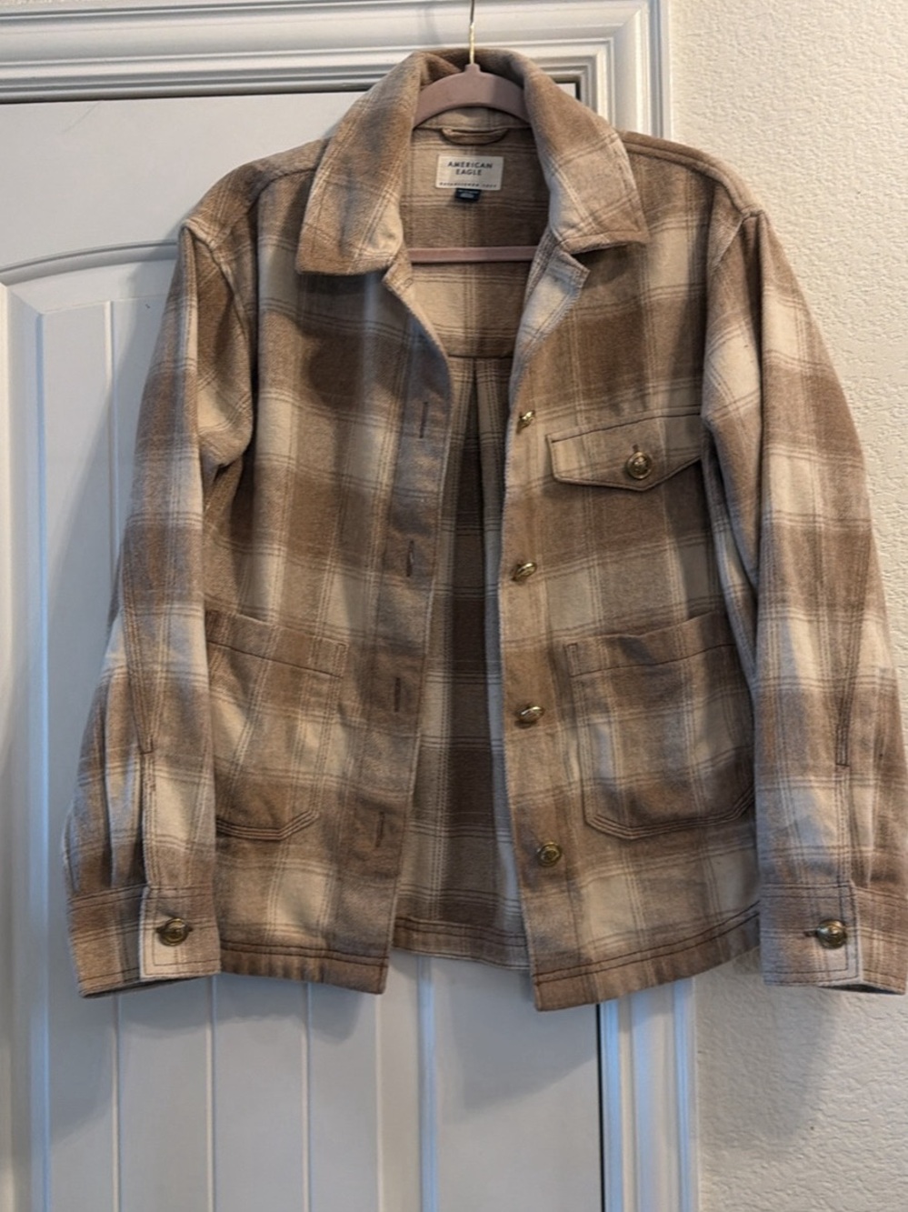 American Eagle Outfitters Beige Plaid Utility Shacket, Sz XS